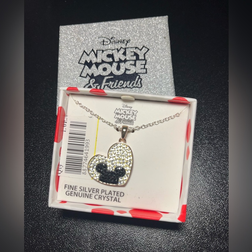 Disney Mickey Mouse NIB fine silver plated heart necklace withh genuine crystals
